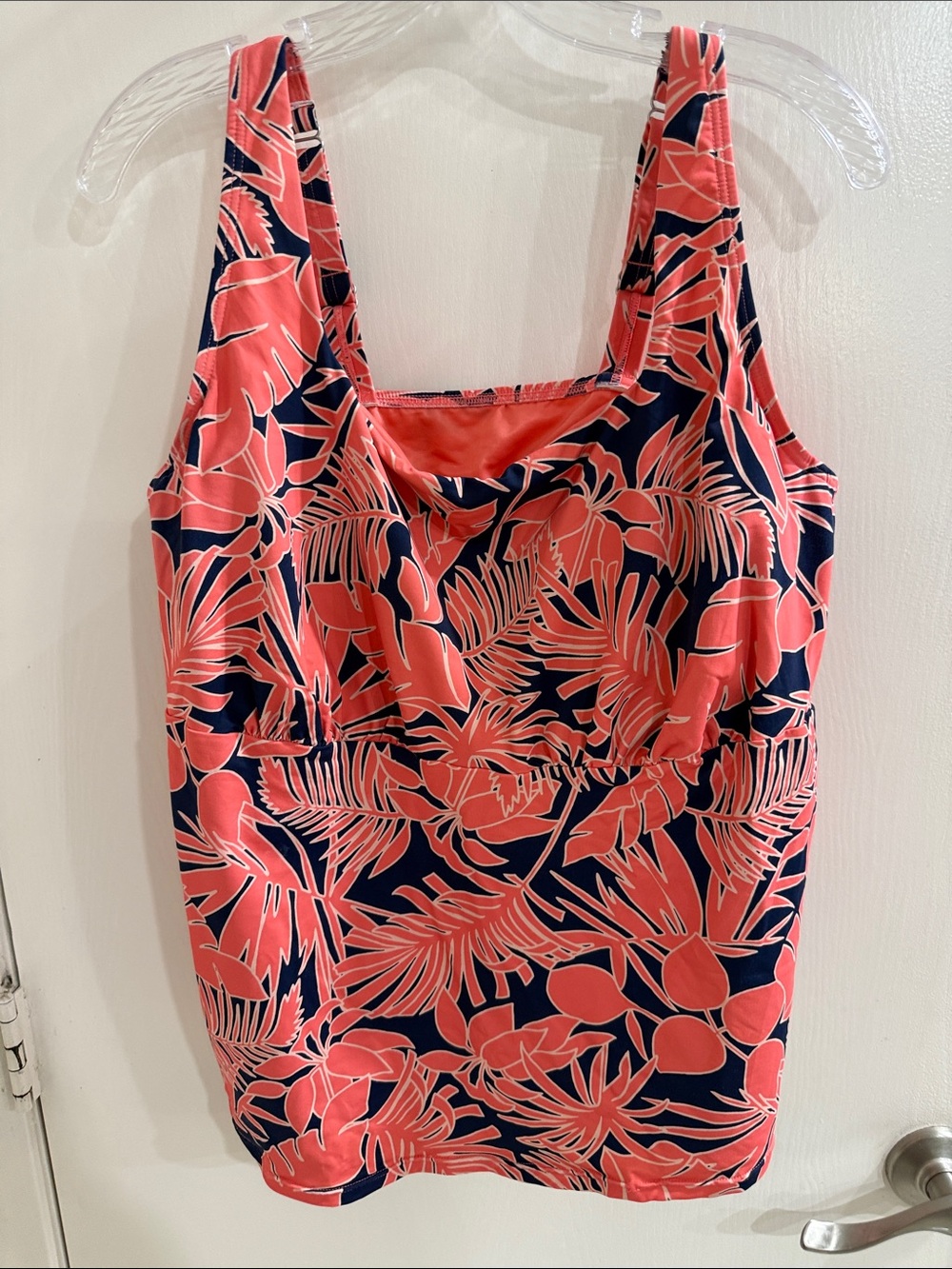 Lands End Navy Swim Top with Coral Tropical Leaf Print Size 18DD EUC